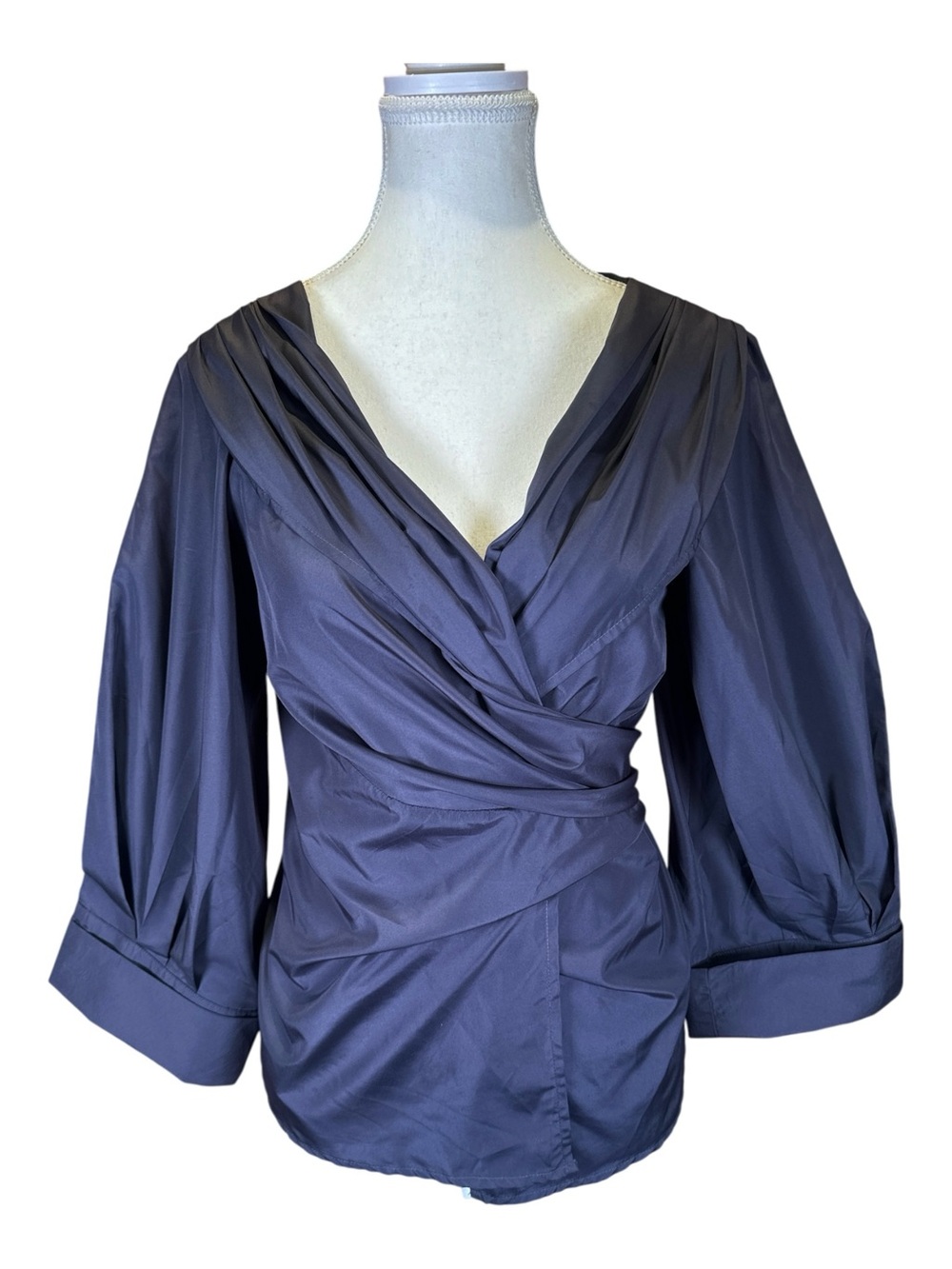 Wrap-Front Puff Sleeve Blouse in Charcoal - Picture 3 of 8